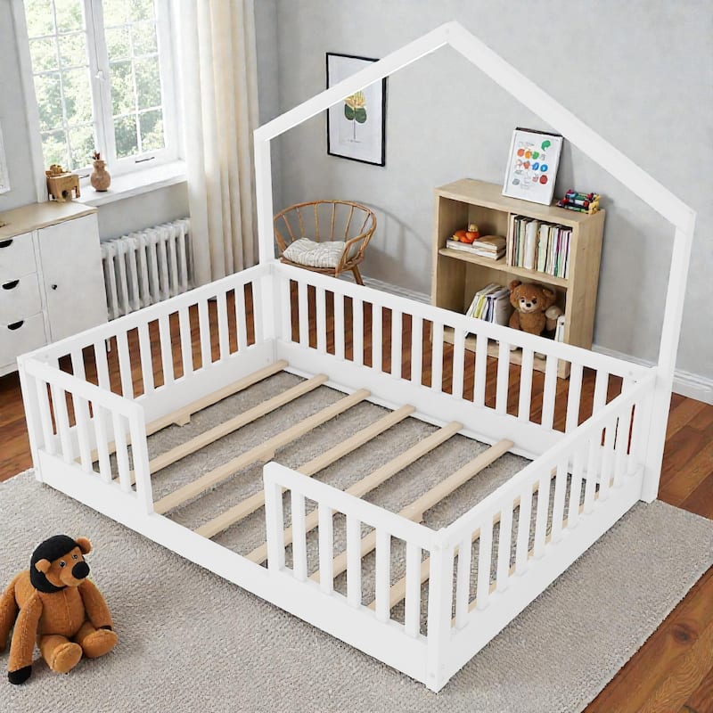 Wood Floor Bed with High Guardrails and LED Light, Montessori Style Low Profile Bed for Kids