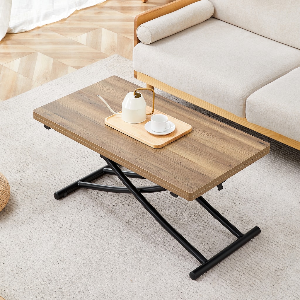 Modern minimalist multifunctional lift table with 0.8 inch thick MDF desktop and black metal legs, Coffee Table