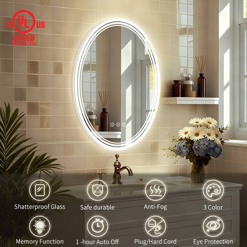 UL Certified Oval LED Bathroom wall Mirror, Anti-fog, 3-Color Dimmable