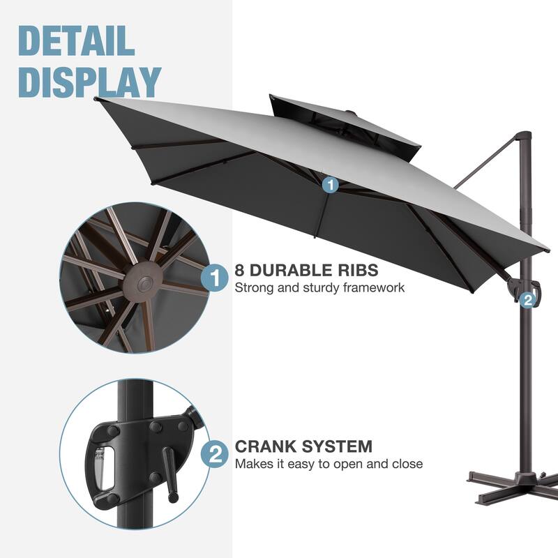 VredHom Double Top 10x10 FT Square Patio Cantilever Umbrella with Cross Stand
