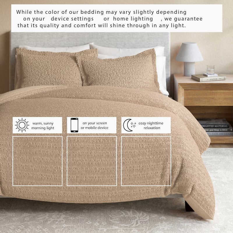 Linery & Co. 100% Cotton Reversible Honeycomb Waffle / Percale Duvet Cover Set