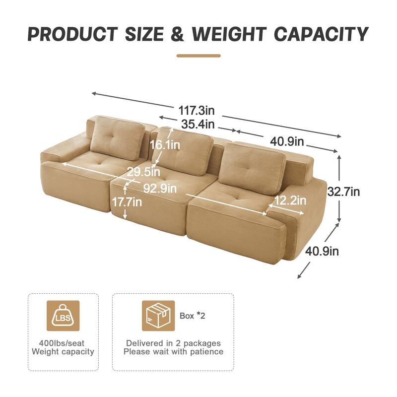Rossetta 117" Modern Oversized 3-Seater Modular Sectional Corduroy Fabric Ribbed Texture Deep Seat Sofa