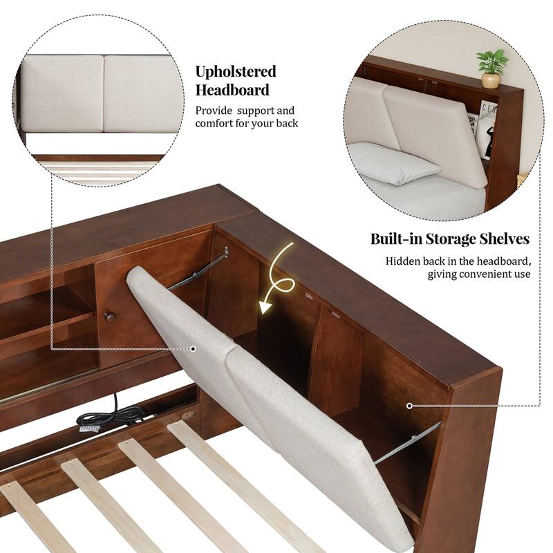 Wooden Twin Size L-shaped Daybed with Storage Bookcase