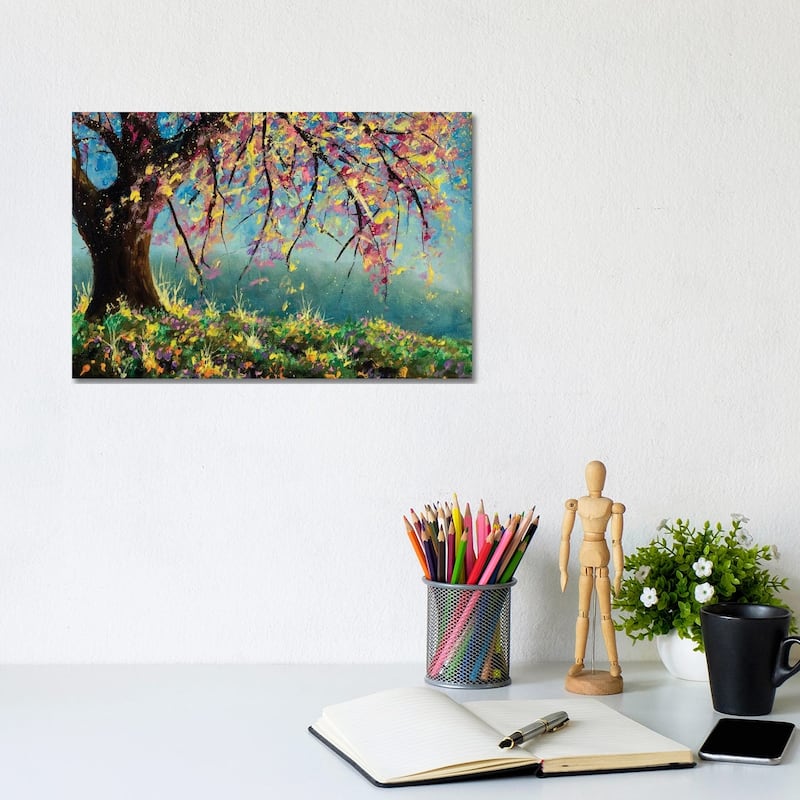 iCanvas "Painting Blooming Sakura Cherry Tree In Meadow Of Flowers Artwork" by Valery Rybakow Canvas Print - 8x12x0.75