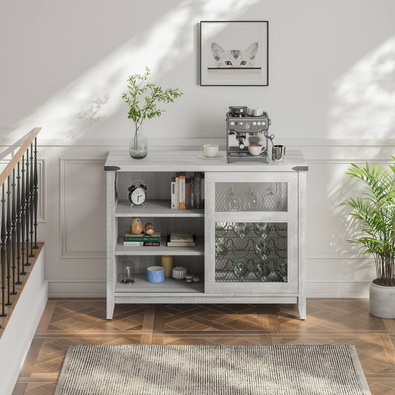 Wine Bar Cabinet with Storage Sliding Door & LED Lights - 42 inch