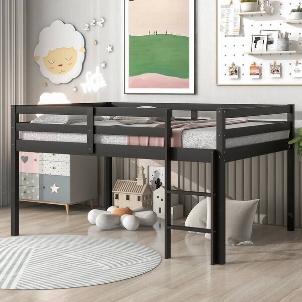 slide 2 of 6, Espresso Full Size Pine Wood Loft Bed with Ladder and Fence Espresso