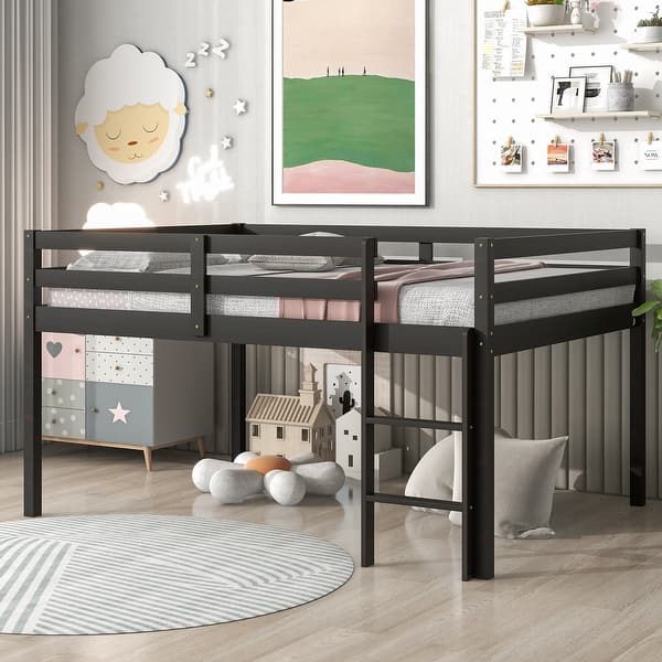 slide 2 of 16, Full Pine Loft Bed with Ladder & Fence Espresso