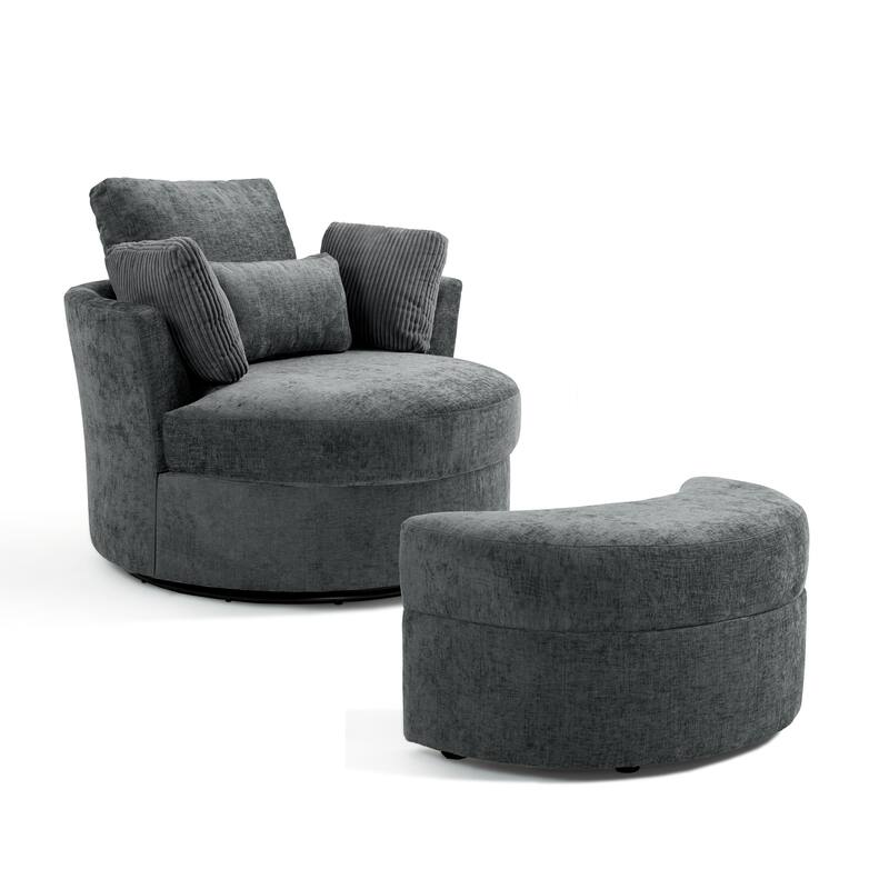 41" W Oversized Accent Barrel Swivel Chair with Moon Storage Ottoman