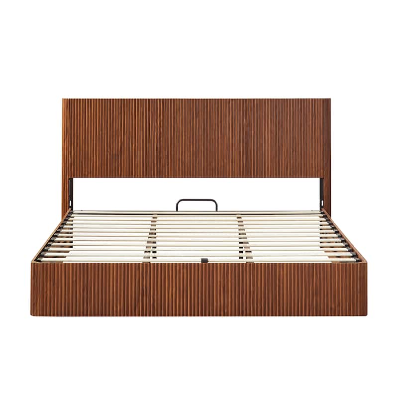 Platform Bed Lift Up Hydraulic Storage Bed Frame Wooden Corrugated Curved Lines Design Frame Wood Slat Metal Support Bed Frame