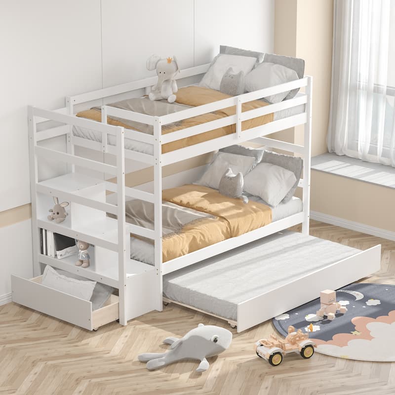 Costway Twin Over Twin Bunk Bed with Trundle Stairway and Storage - 39'' x 75'' - White