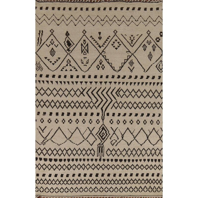 Geometric Beige / Ivory Moroccan Area Rug Hand-Knotted Wool Carpet - 6'9"x 10'11"