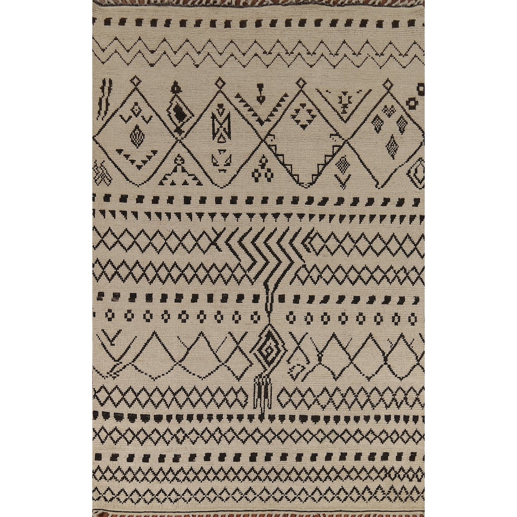 Geometric Beige / Ivory Moroccan Area Rug Hand-Knotted Wool Carpet - 6'9"x 10'11"
