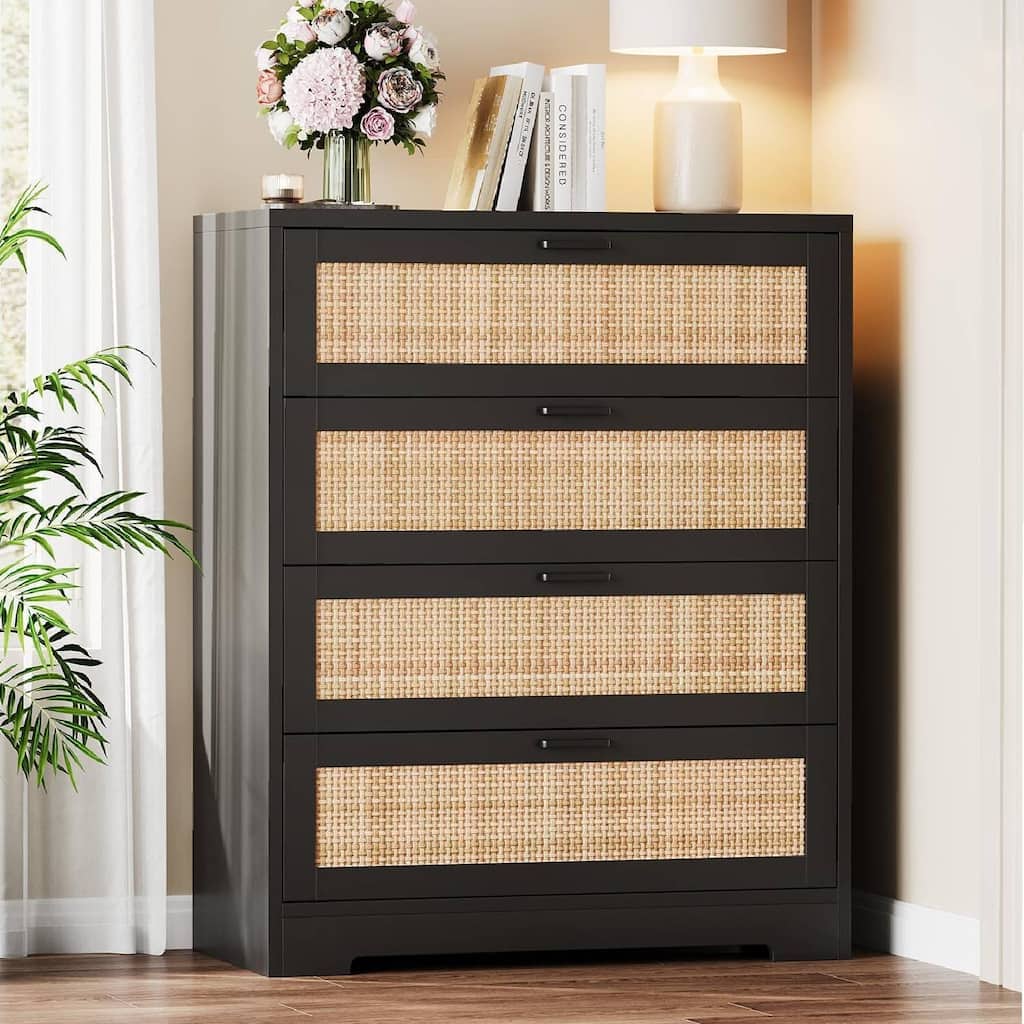4 Drawers Rattan Dresser, Storage Chest of Drawer for Bedroom, Living Room, Entryway, Hallway