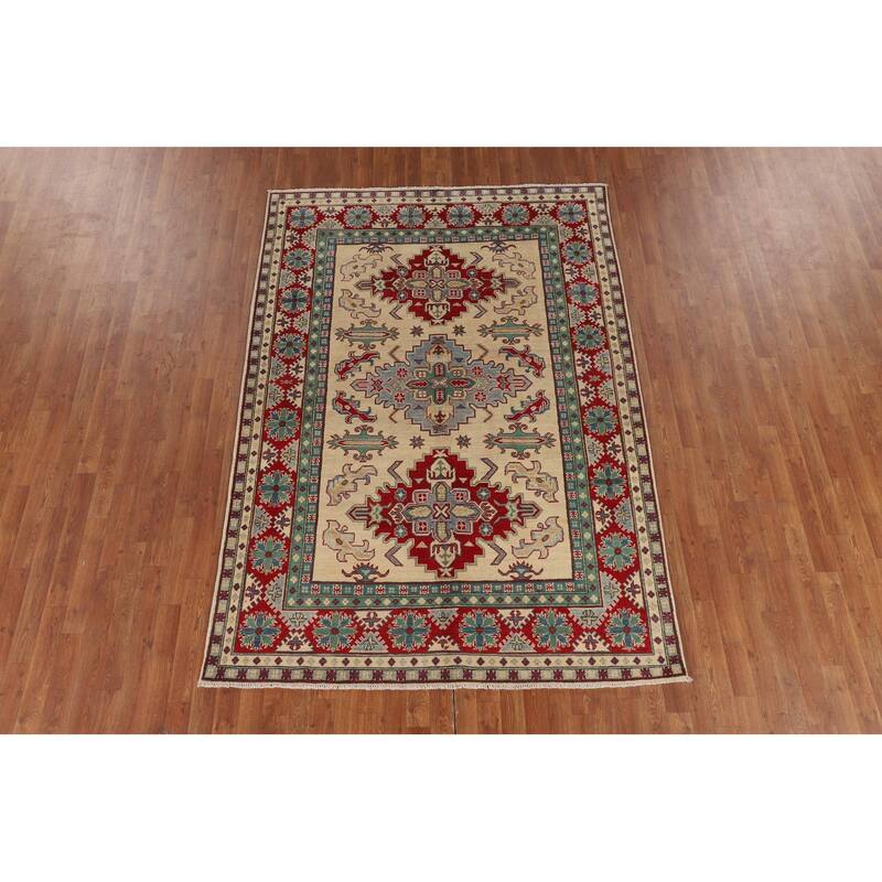 Hand Knotted Oriental 100% Wool Carpet Traditional Geometric Beige & Ivories Kazak Area Rug - 8' 0'' X 5' 8''