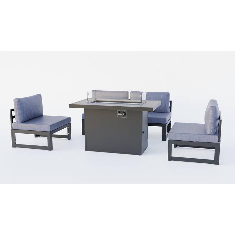 LeisureMod Chelsea 5-Piece Outdoor Patio Chairs and Fire Pit Table Set - Blue