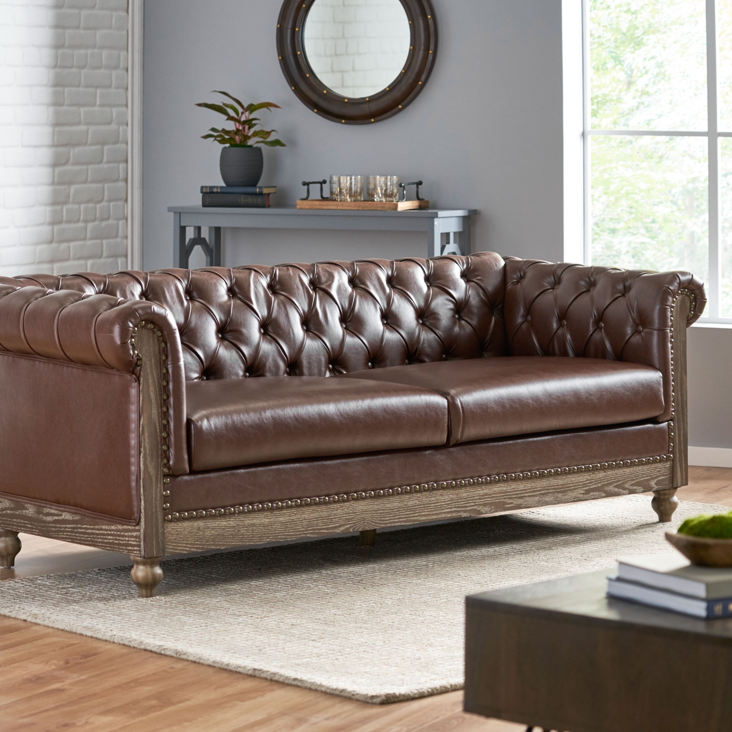 Leather Sofa 3 Seater Living Room Couch Nailhead Trim Dark Brown 