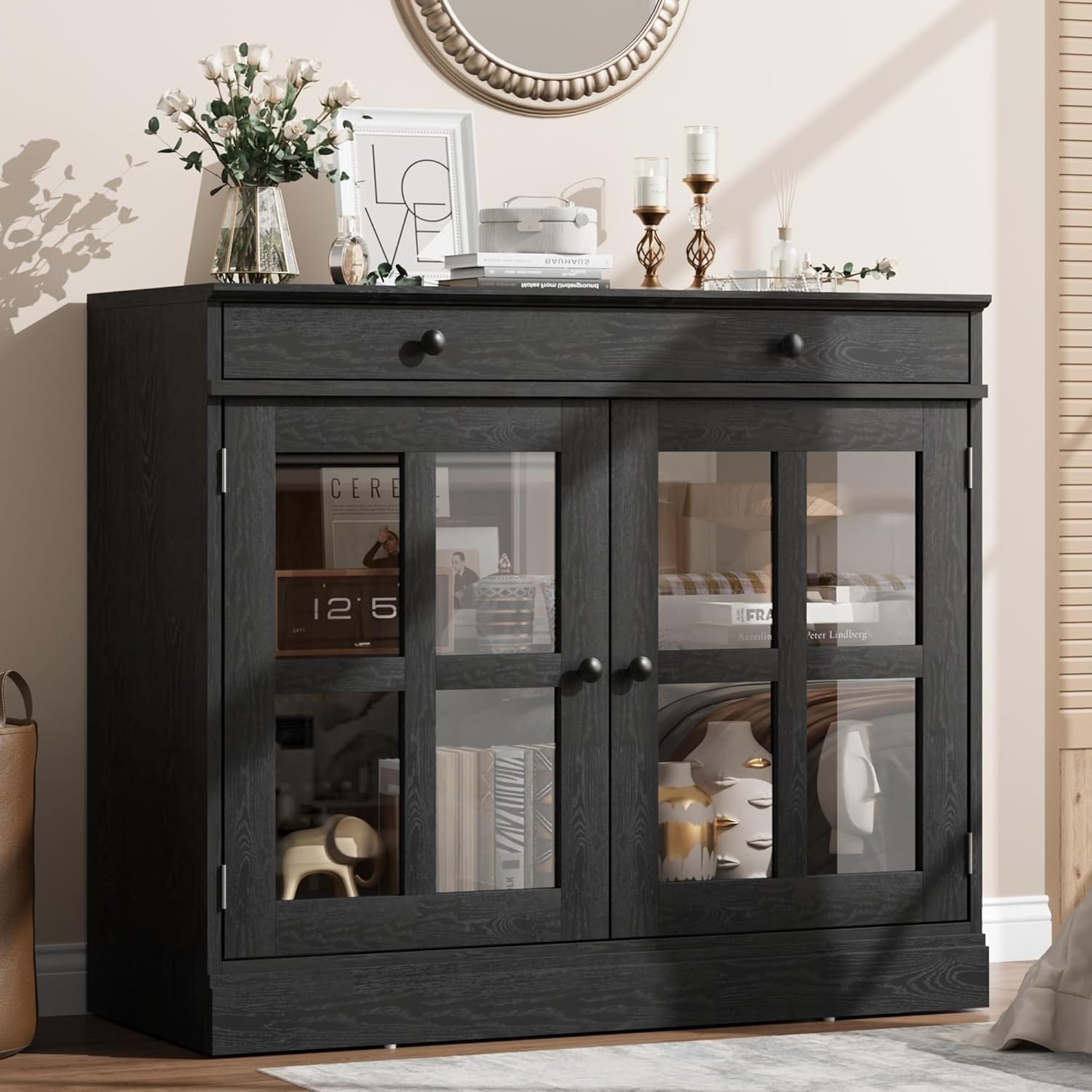 Modern Buffet Sideboard with 2 Glass Doors, Buffet Cabinet with Adjustable Shelf