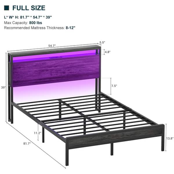 dimension image slide 5 of 13, Farmhouse Wood Platform Bed Frame with Charged Station and LED Lights