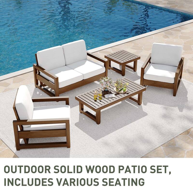 5-Piece Patio Wood Conversation Set with Loveseat, Chairs and Tables