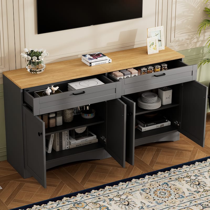 Roomfitters Mid-Century Farmhouse TV Stand with Rustic Handles, Wood Grain Sideboard and Buffet Cabinet - Grey