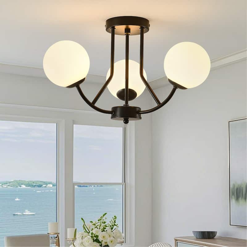 3 - Light 12'' Modern Sputnik Globe Glass Semi Flush Mount Light - Matte black