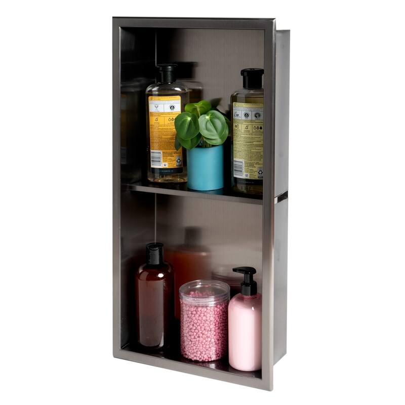 ALFI brand 12" x 24" Brushed Black PVD Stainless Steel Vertical Double Shelf Shower Niche