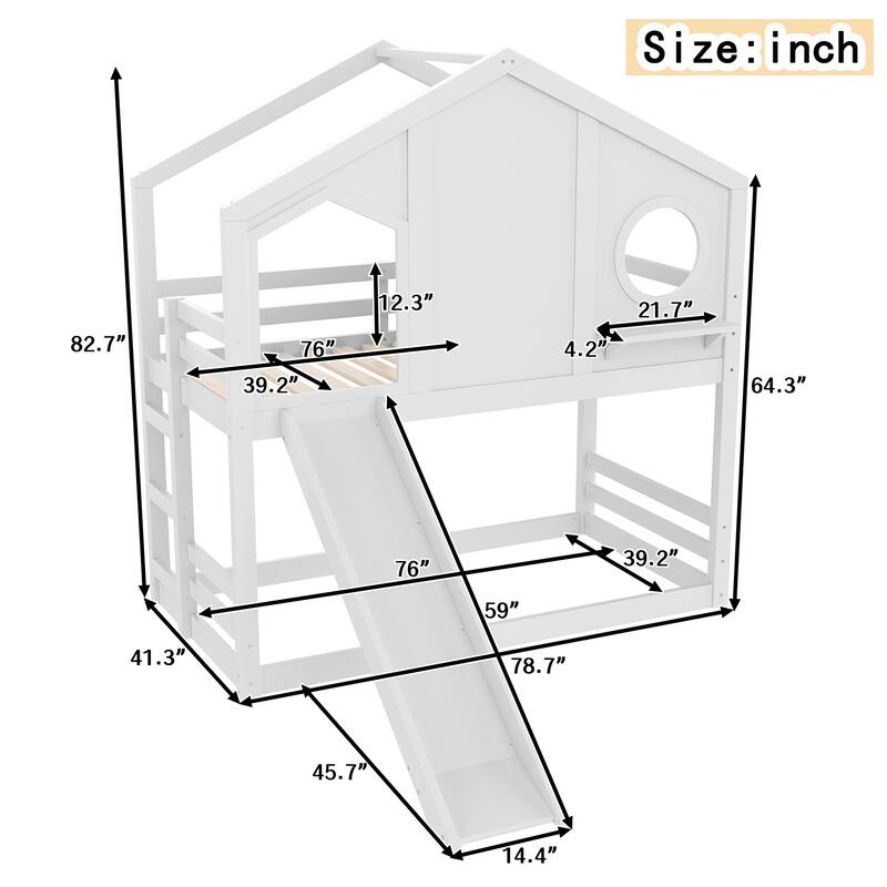 Twin House Bunk Bed with Slide & Storage Shelves - Solid Wood, Childlike Design, Window