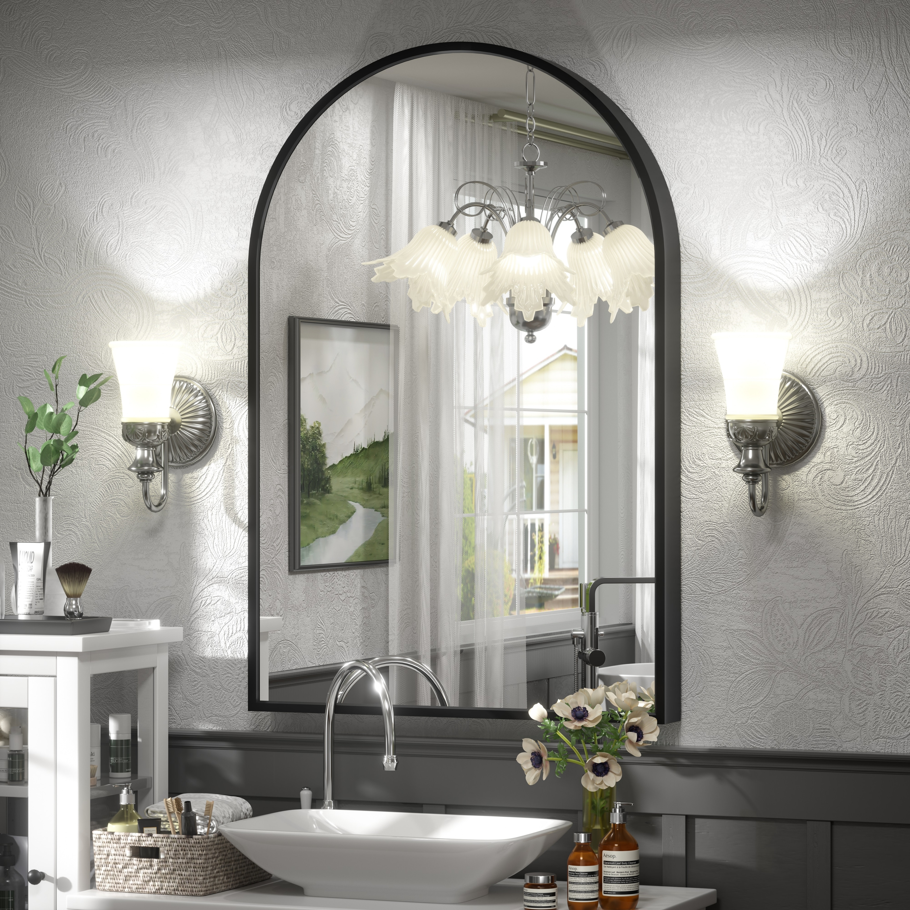 Metal Frame Arched Wall Mirror, Bathroom Vanity Mirror Tempered Glass Anti-Rust