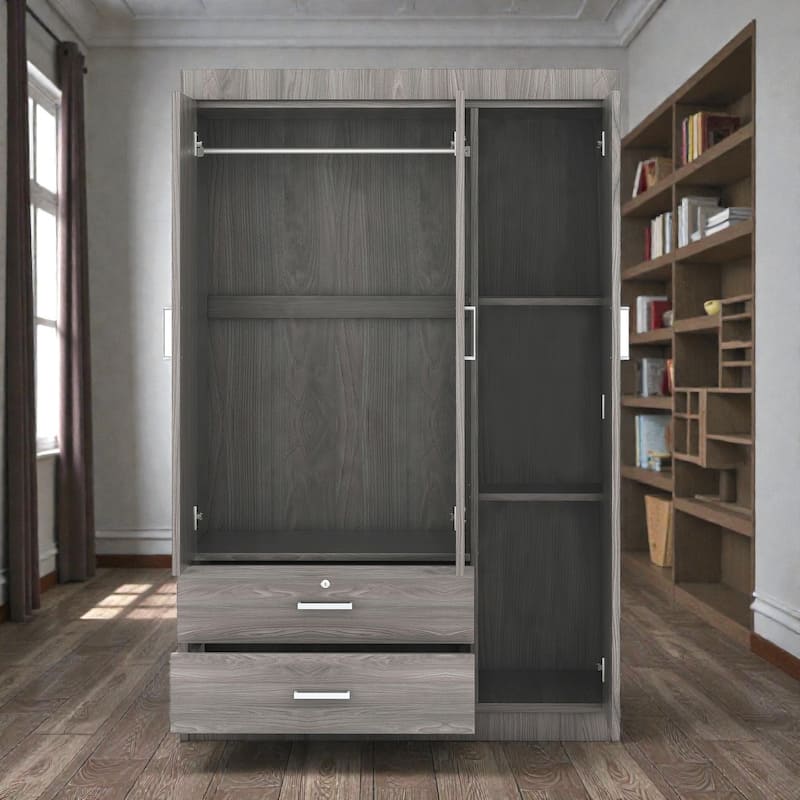 3 Door Wardrobe Closet with 2 Drawers, Modern White Freestanding Armoire Storage Cabinet for Bedroom
