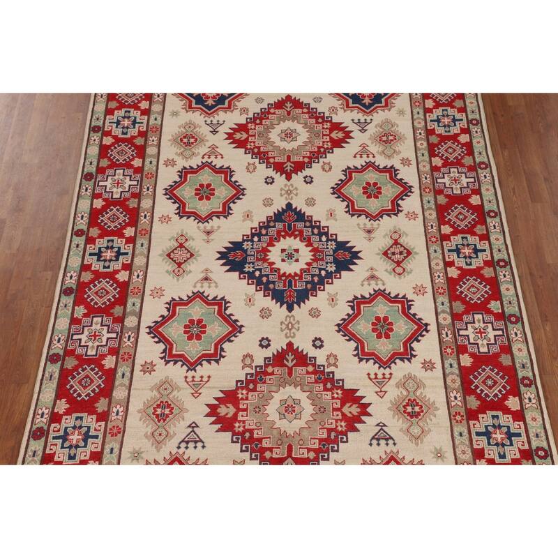 Ivory Kazak Oriental Area Rug Hand-Knotted Wool Carpet - 6'7" x 9'8"