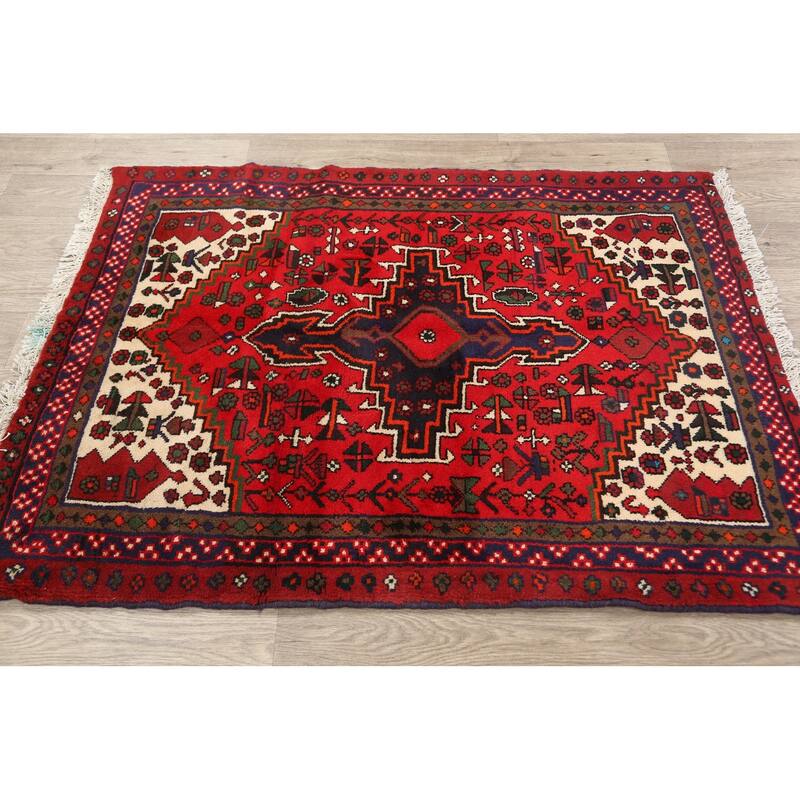 Geometric Tribal Hamedan Persian Area Rug Wool Hand-knotted Carpet - 3'5" x 4'7"