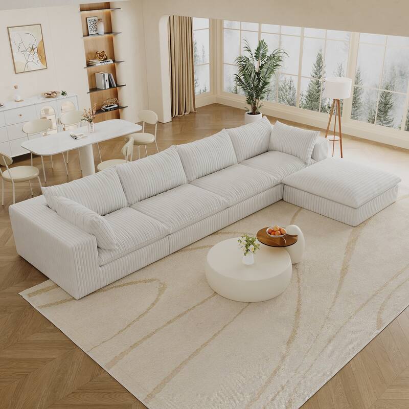 157.6" Corduroy Fabric Cloud Sofa, White, Deep Seat, Double-layer, Removable Cushion, DIY Combination