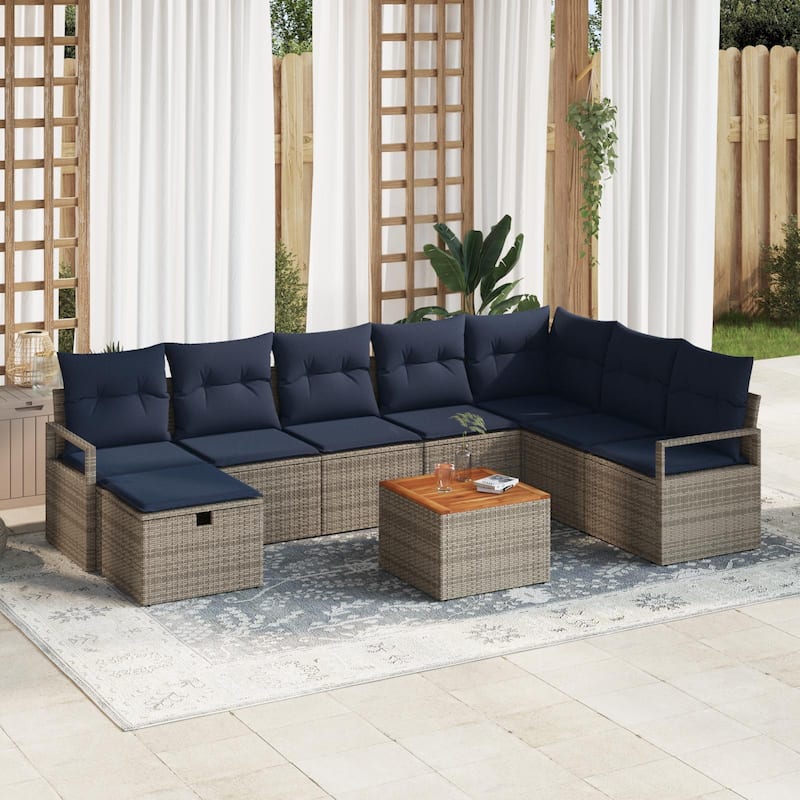 vidaXL 9 Garden Sofa Set with Cushions Black/Grey Poly Rattan - 113 x 69.7 x 27.2 - Grey/Navy blue
