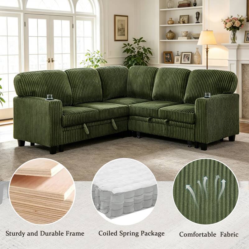 GDFStudio - Modern 5-Seat Sectional L-Shaped Sofa with Pull-Out Sleeper Bed, Storage, Cup Holder & USB Charging - 81"W