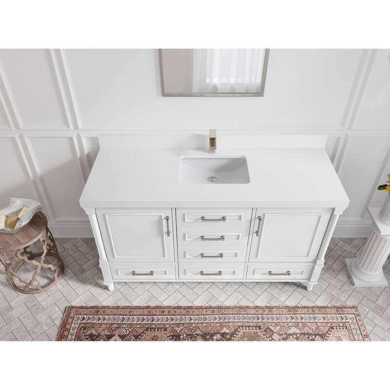 Willow Collections 60 in. W x 22 in. D Aberdeen Single Bowl Sink Bathroom Vanity with Countertop - 2" White Quartz - White