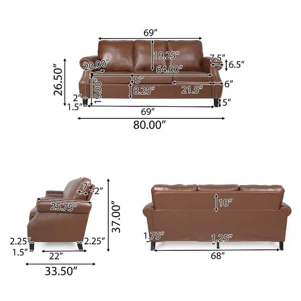 dimension image slide 3 of 4, Dowd Faux Leather 3 Seater Sofa with Nailhead Trim by Christopher Knight Home