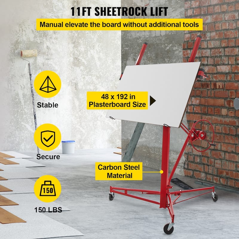 Drywall Rolling Lifter Panel with Telescopic Arm & 3 Lockable Wheels - 150 lbs