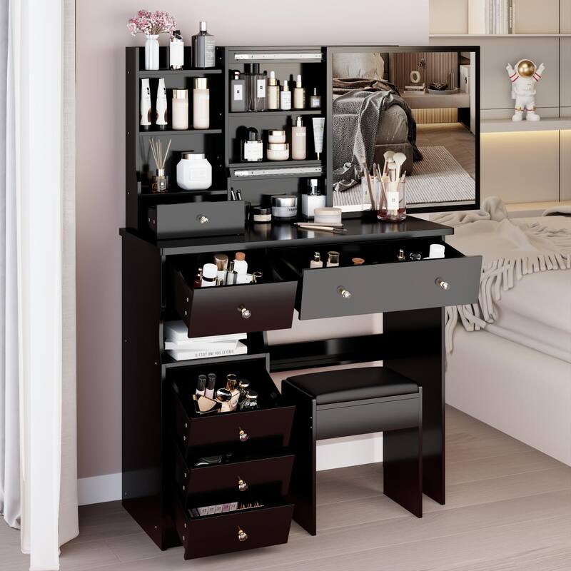 37" Middle Size Left Drawer Vanity Table + Cushioned Stool, Extra Large Right Sliding Mirror, Multi Layer High Capacity Storage