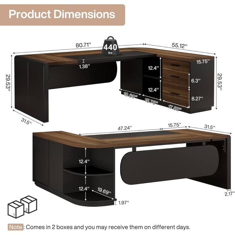 80'' Executive Desk, L-Shaped Office Table with 55'' Cabinet