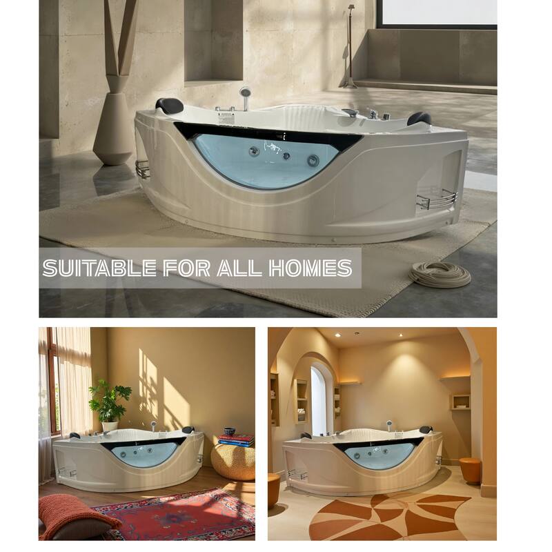 59" Corner Whirlpool Bathtub for 2-Person, Luxury Jetted Spa Tub