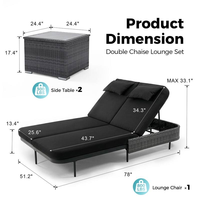 2-Person Outdoor Double Chaise Lounge with 2 Side Tables, Wicker Patio Reclining Daybed, Adjustable Backrests, 800 lb Capacity