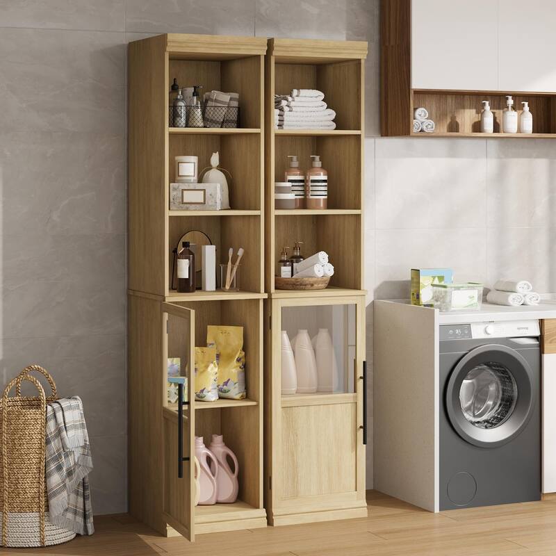 70 Inch Tall Narrow Storage Cabinet with Open Shelves for Small Spaces, Bathroom, Laundry Room Corner