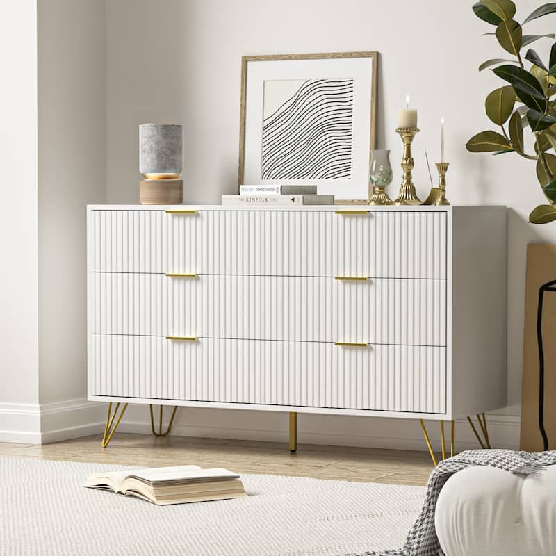 FURNIWAY Fluted Drawer Dresser for Bedroom - White - 6-drawer