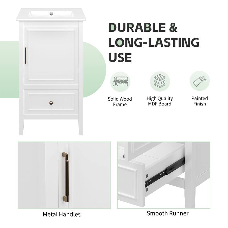 20" Bathroom Vanity with Ceramic Sink, Door Shelf Storage, Drawer, and Adjustable Foot Pads
