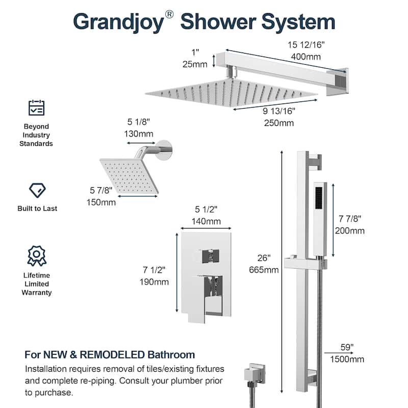 GRANDJOY Shower Faucet Set 10 and 6 inch Wall Mount Rainfall Dual Shower Heads with Handheld Shower Spray Combo High Pressure