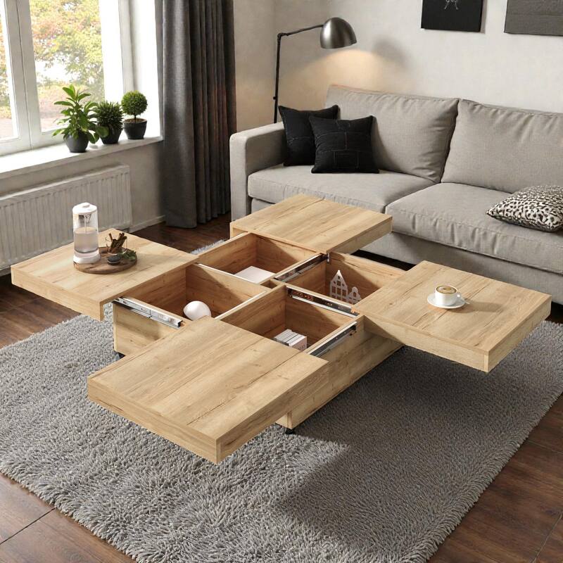 Square Sliding Top Coffee Table with Storage, Modern Veneer Wood Coffee Table, Hidden Storage Center Table