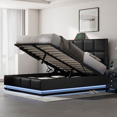 Full Size Tufted Upholstered Platform Bed with Hydraulic Storage System,PU Storage Bed with LED Lights and USB charger