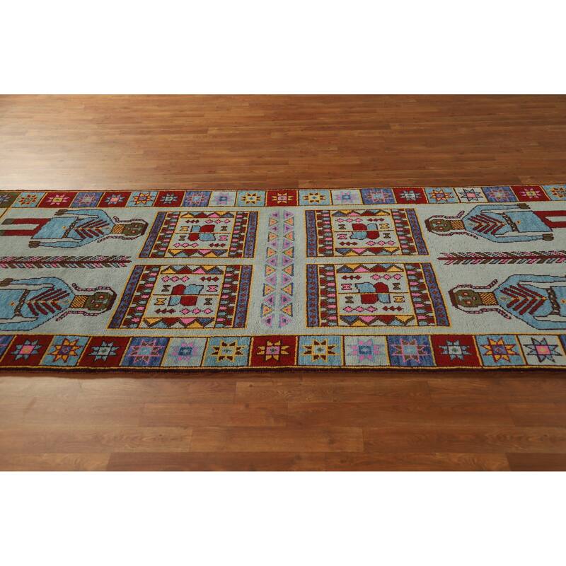 Hand Knotted Oriental 100% Wool Carpet Traditional Tribal Navy Blue & Blues Heriz (serapi) Runner Rug - 9' 7'' X 3' 10''