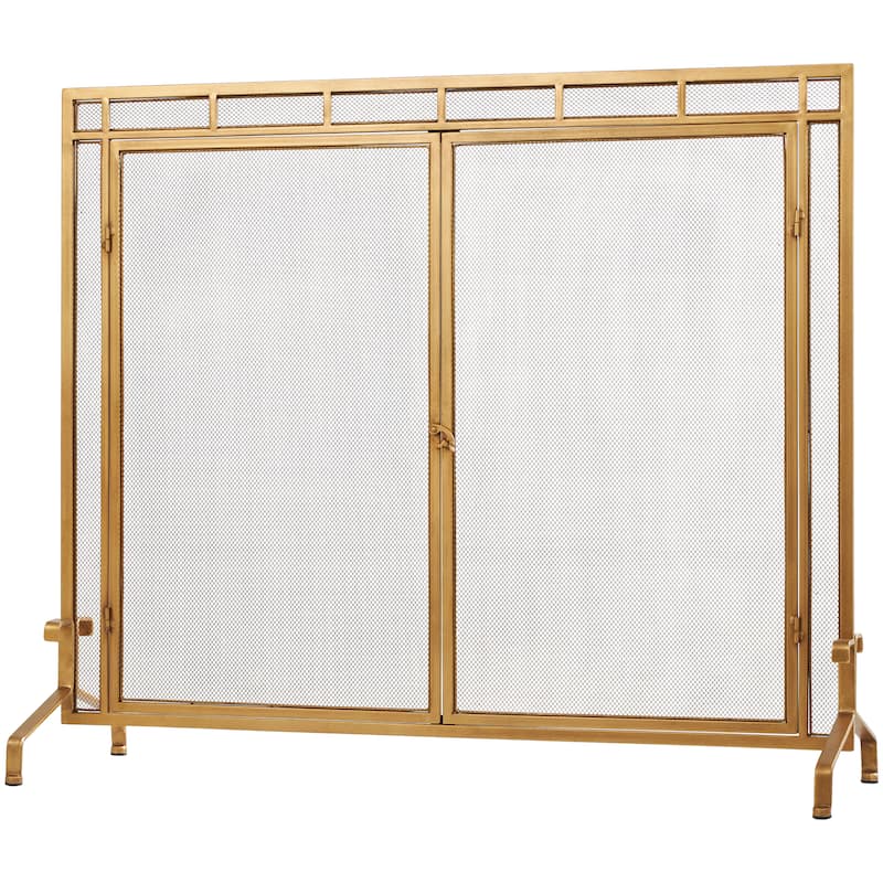 Metal Geometric Single Panel Fireplace Screen with Latched Doors and Arched Feet - Gold - Roche River Decor - 13"Wx39"Lx34"H