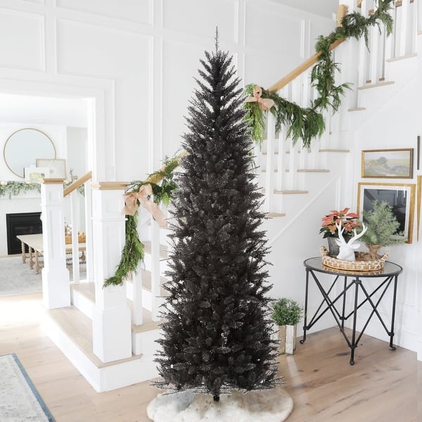 slide 2 of 23, Glitzhome 7.5FT/9FT Black or Silver Unlit Tinsel Slim Pencil Artificial Christmas Trees Black-7.5ft